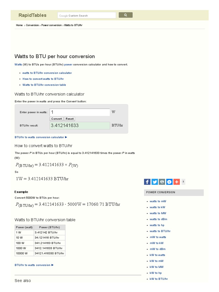 Watts To BTU Conversion Calculator | PDF | British Thermal Unit | Watt