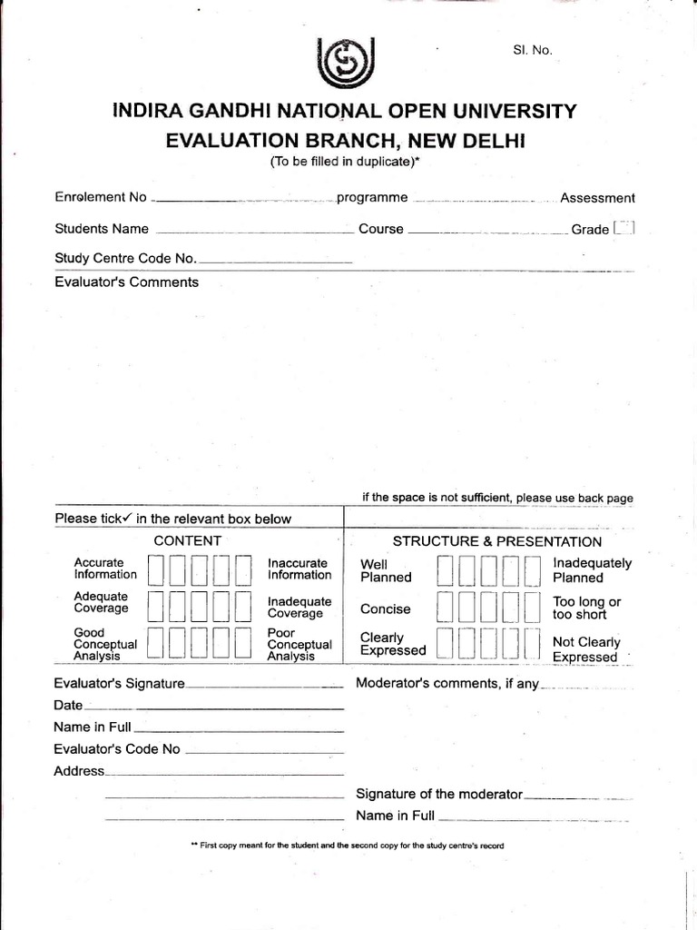 ignou assignment evaluation sheet download