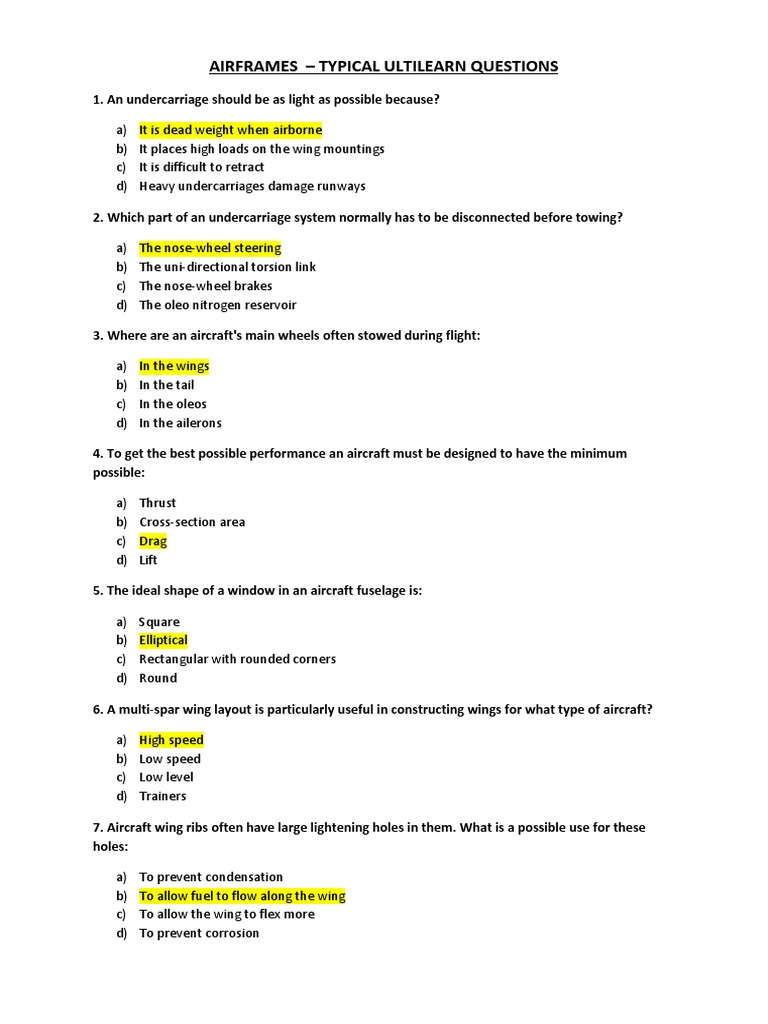 Typical Exam Questions Aircraft Landing Gear