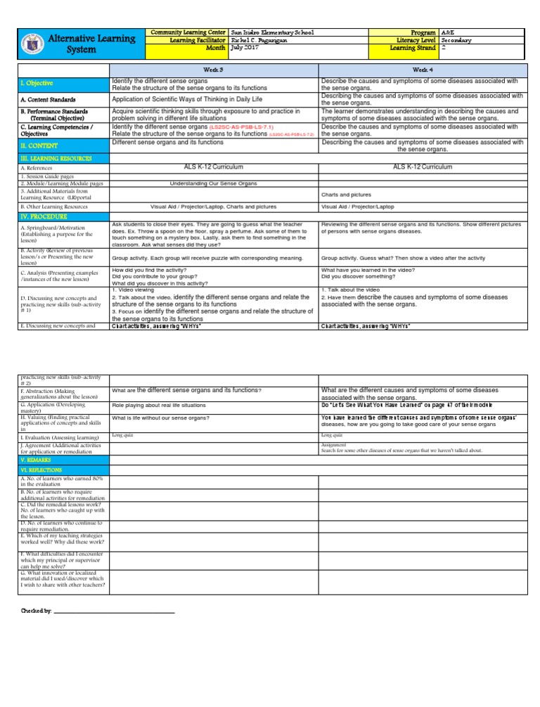 ALS Lesson Plan: Sense Organs Study | PDF | Concept | Learning