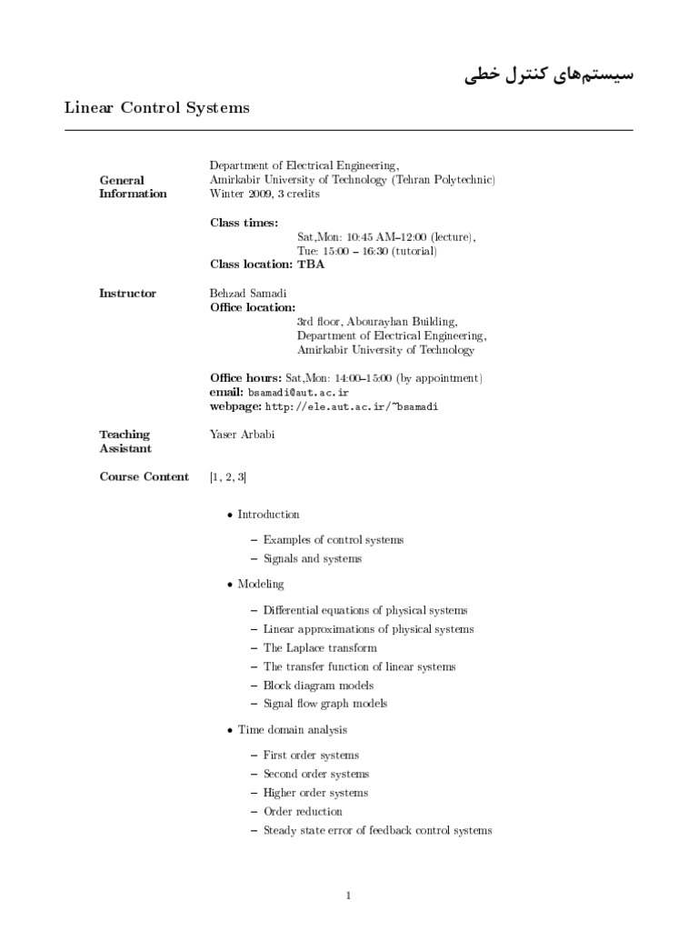 Linear Control Systems Course PDF Algorithms