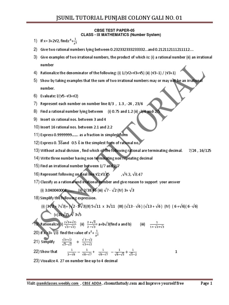 Class 9 Number System Test Paper | PDF