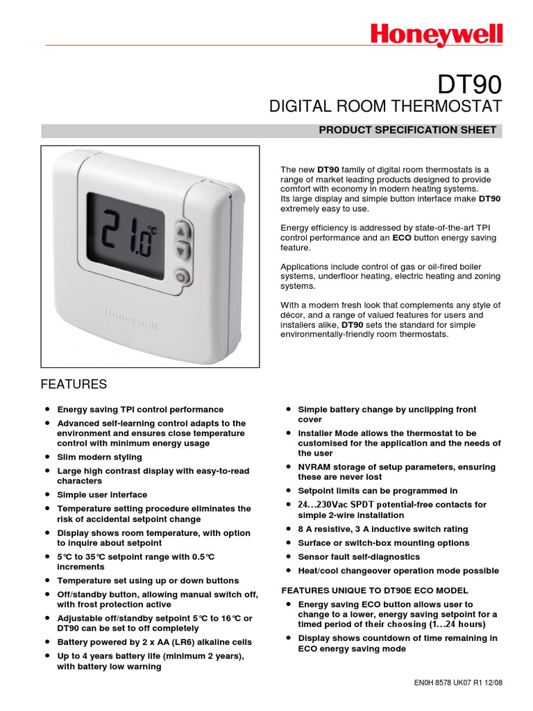 DT90 Digital Room Thermostat | PDF | Thermostat | Hvac