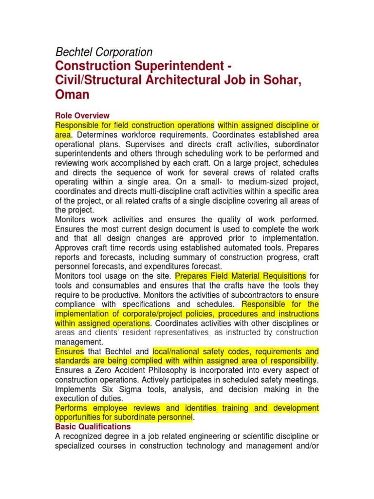 Bechtel Job Description Construction Superintendent PDF Engineering
