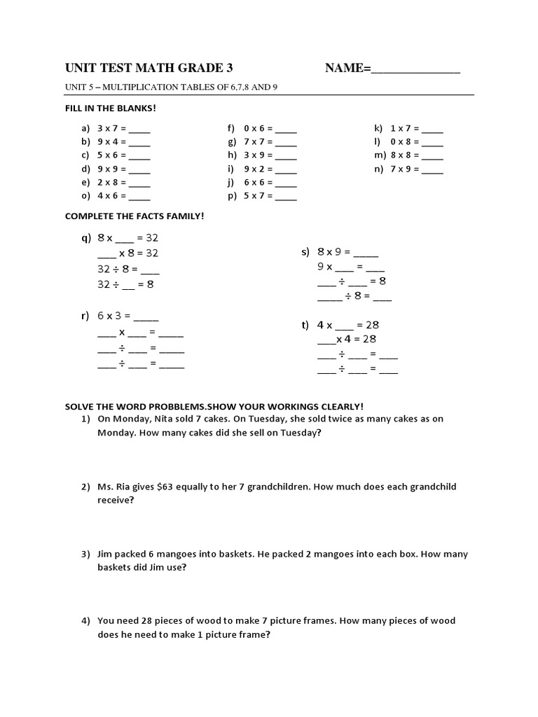 Unit Test Math Grade 3 Times PDF