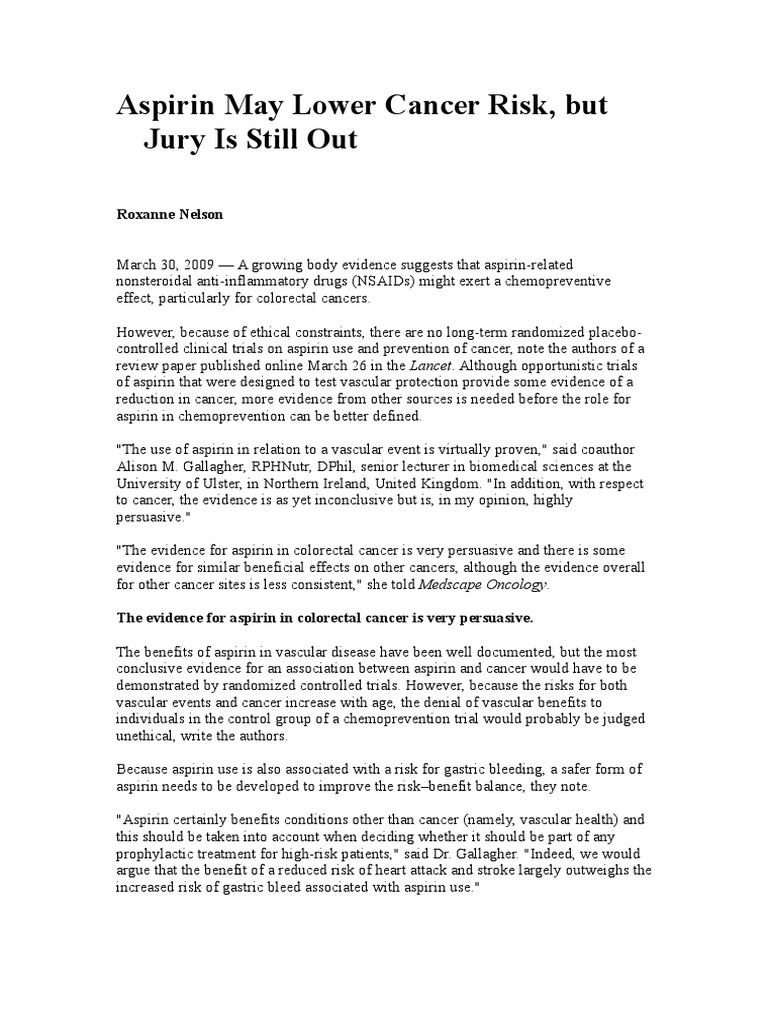 Aspirin May Lower Cancer Risk PDF Aspirin Colorectal Cancer