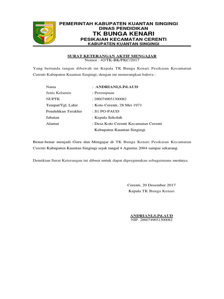 Surat Keterangan Aktif Mengajar Tk Bunga Kenari Docx Berikut informasi sepenuhnya tentang contoh surat keterangan aktif mengajar paud.