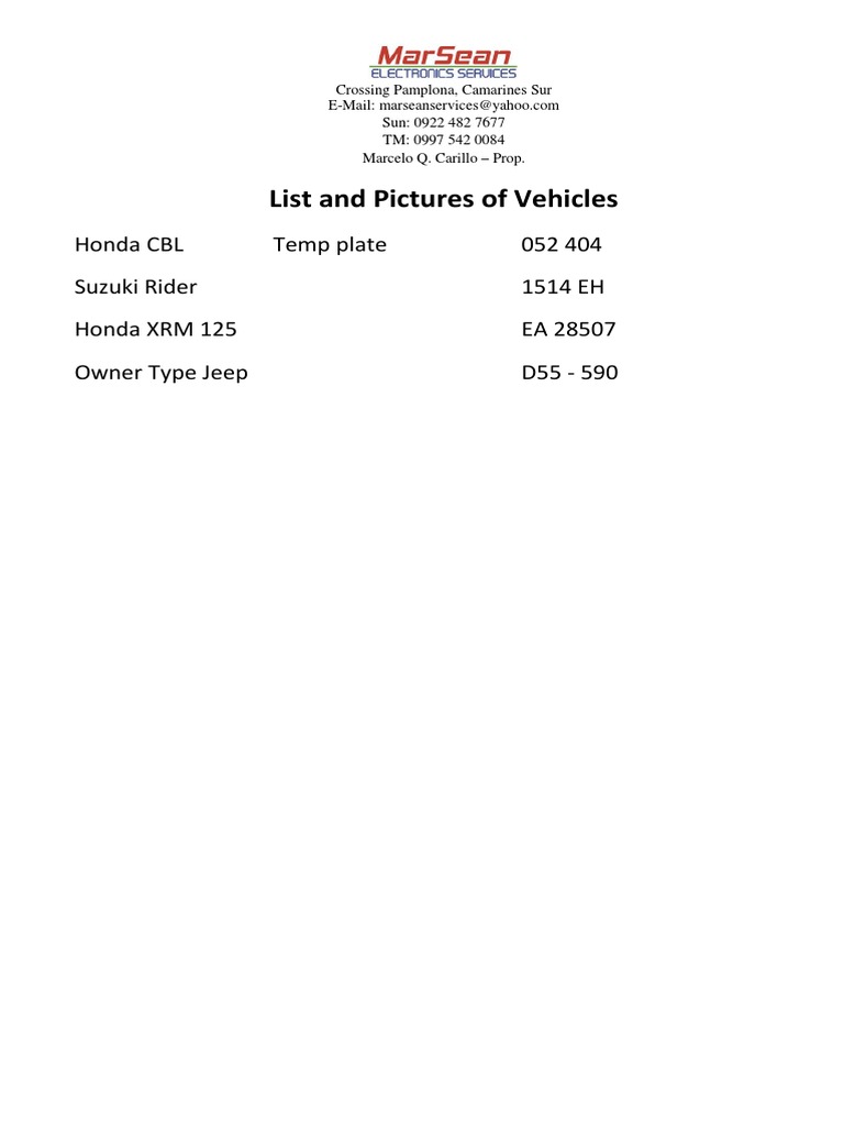 Vehicle List in Pamplona, Camarines Sur | PDF