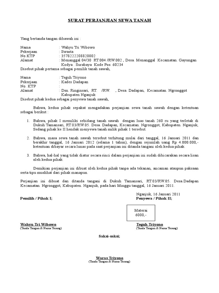 Surat Perjanjian Sewa Tanah