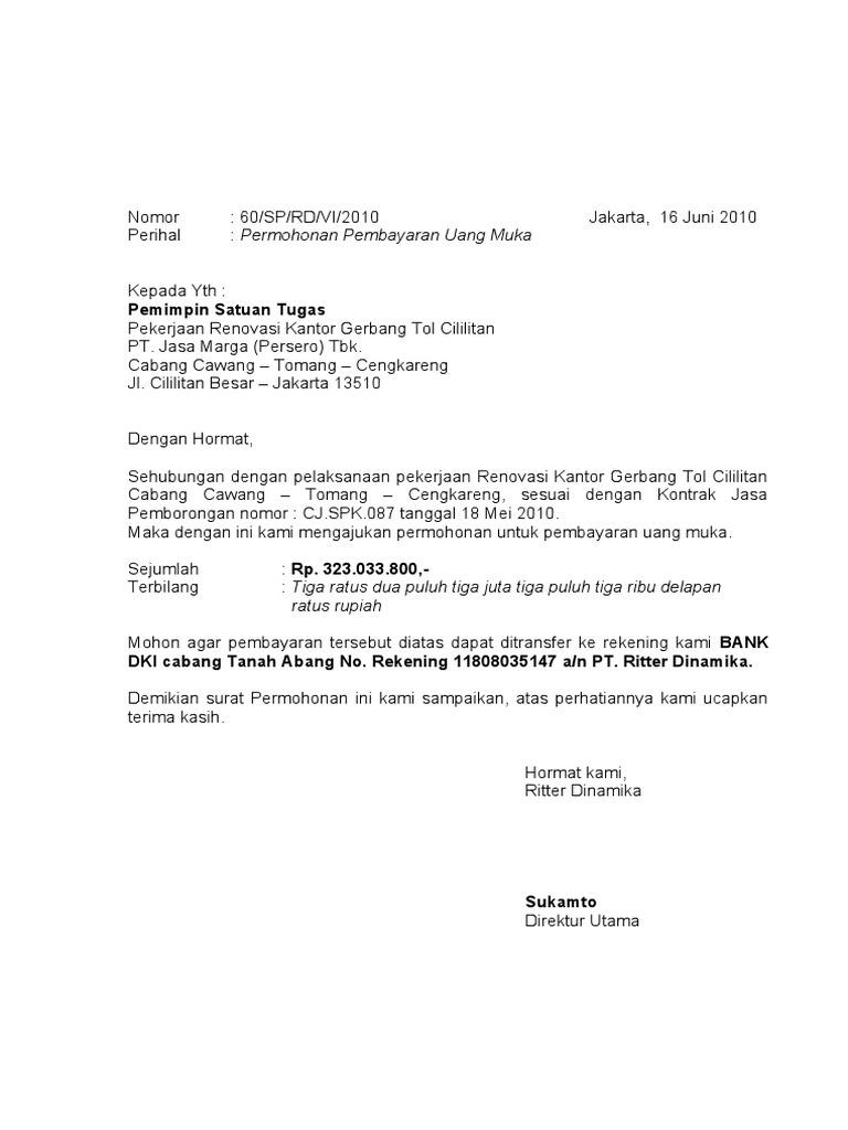 Contoh Surat Pembayaran Uang Muka Tanah