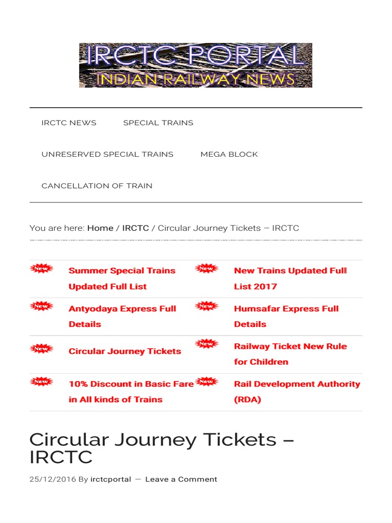 Circular Journey Tickets Irctc Indian Railway News Land Transport