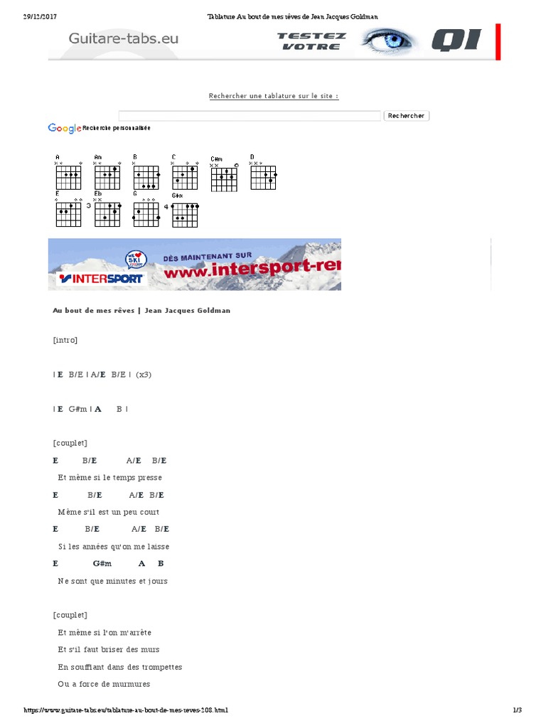 Tablature Au Bout de Mes Rêves de Jean Jacques Goldman Divertissement (Général)