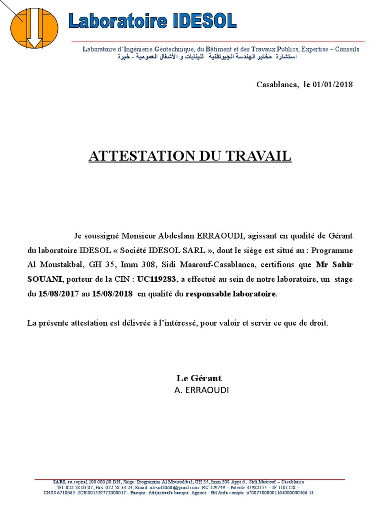 Attestation Du Travail PDF