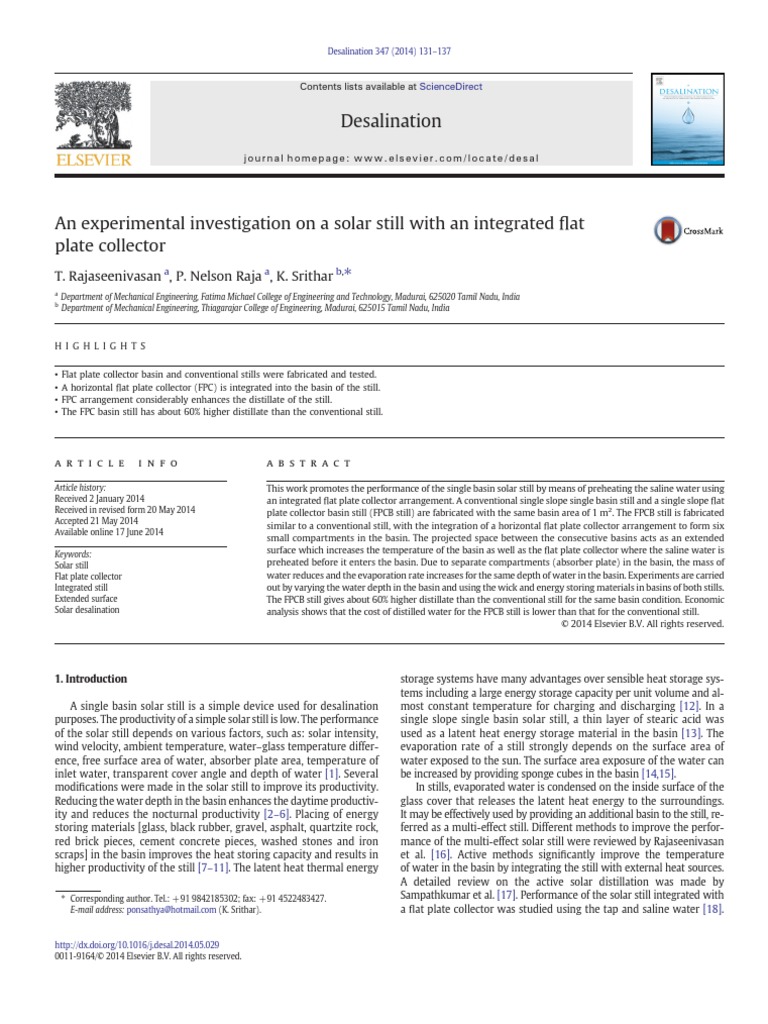 An Experimental Investigation On A Solar Still With An Integrated Flat ...