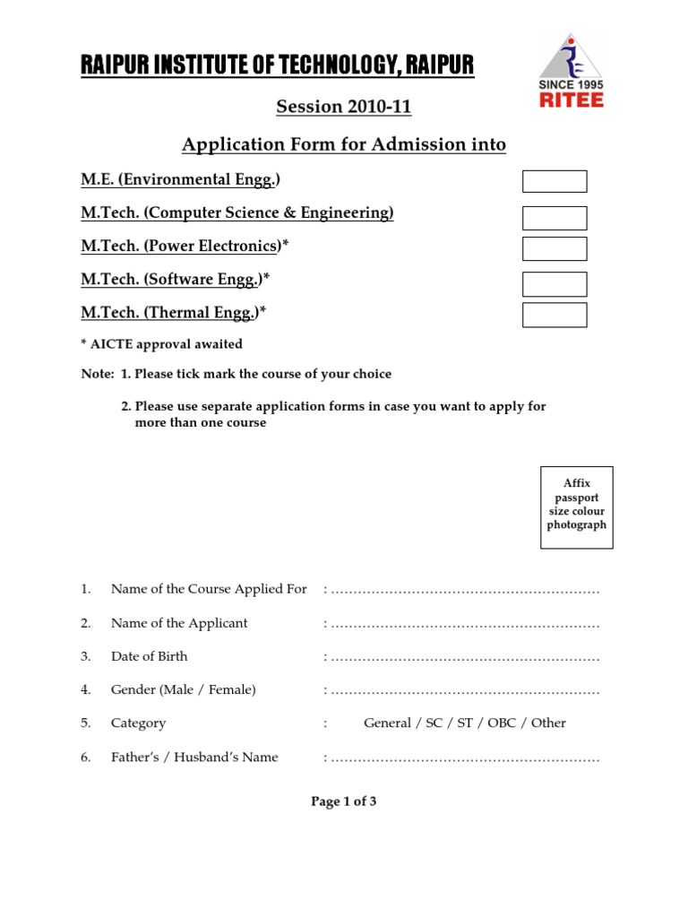 M.E. Admission Application Form 2010-11 | PDF | University And College ...