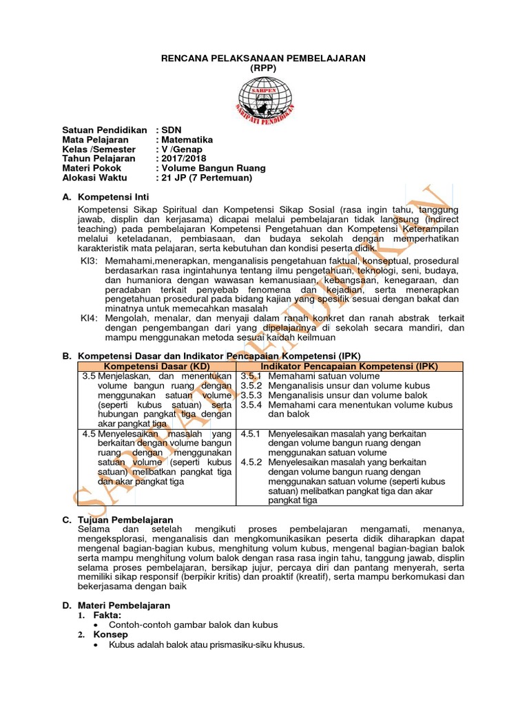 Rpp Matematika Kelas 5 Sd Smt 2 Revisi 2017