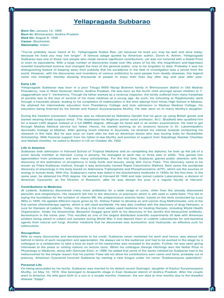 Yellapragada Subbarao | Download Free PDF | Medicine | Wellness