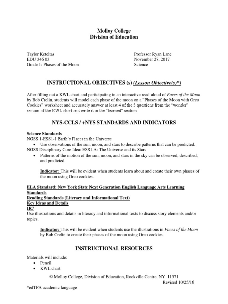 phases of the moon lesson plan | Educational Assessment | Moon