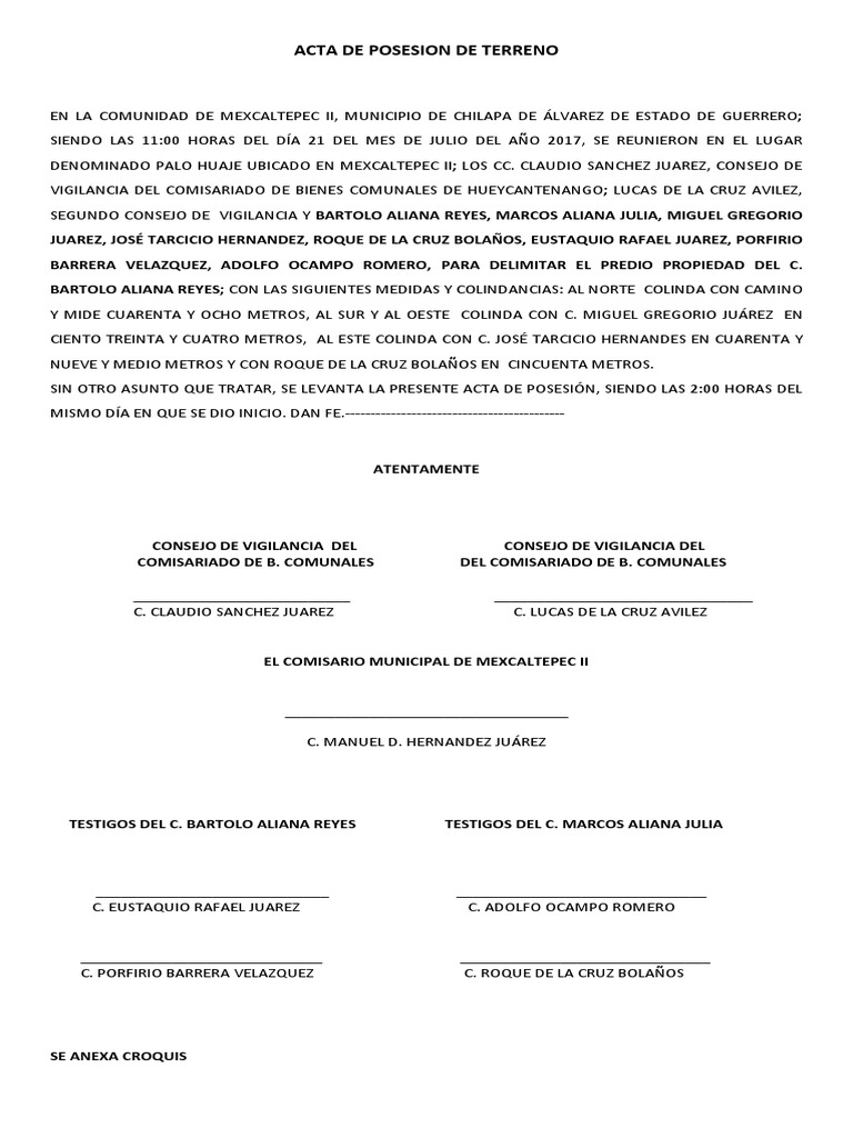 Introducir 62+ imagen modelo de acta de posesión de terreno