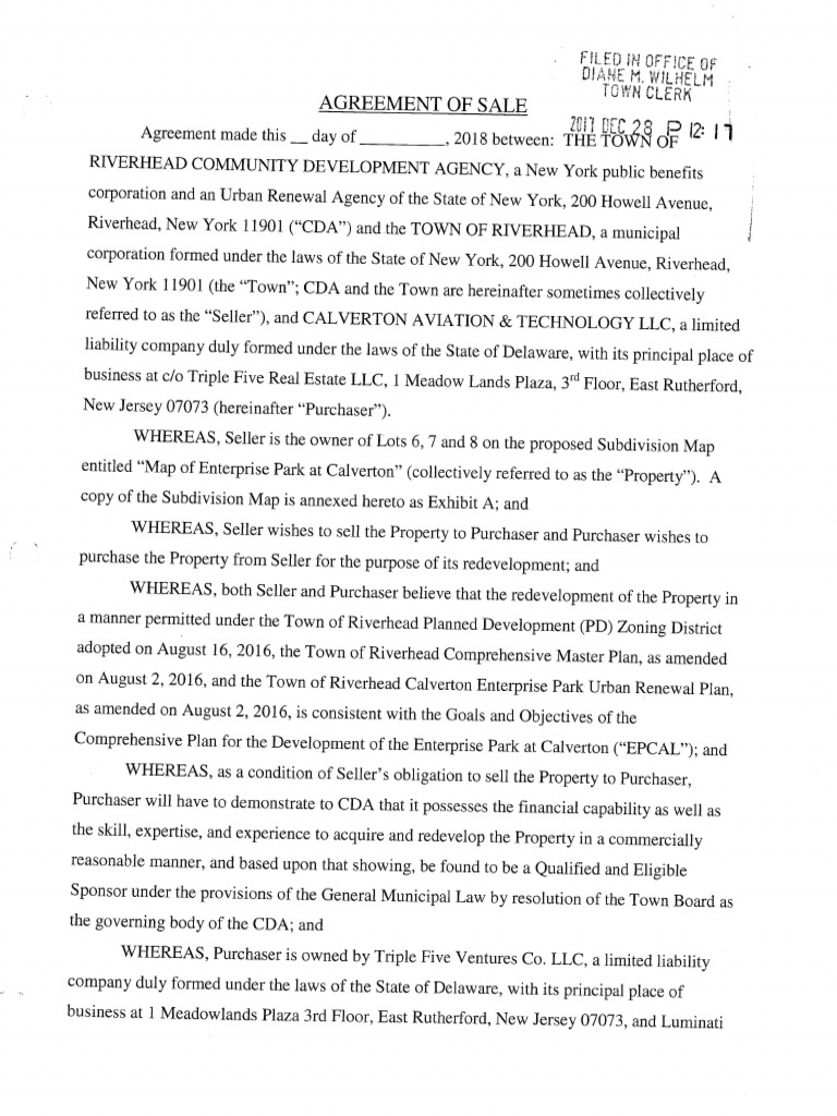 Agreement of Sale Riverhead CDA To Calverton Aviation & Technology PDF