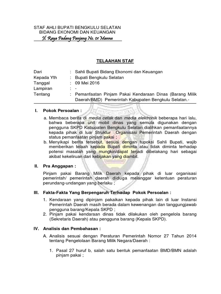Telaahan Staf Tentang Pinjam Pakai Kendaraan Dinas