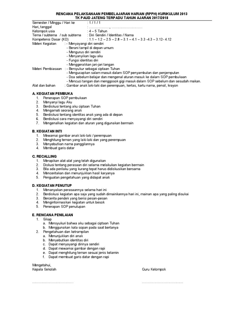 Contoh Rpph Paud Tema Diriku Atau Diri Sendiri Subtema