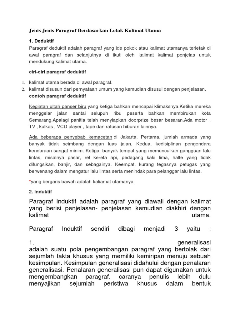 Jenis Jenis Paragraf Berdasarkan Letak Kalimat Utama