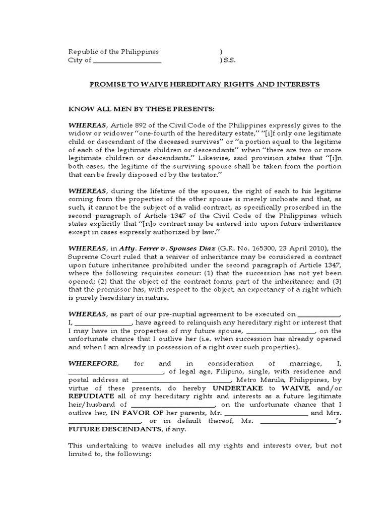 Waiver of Hereditary Rights Agreement | PDF | Legal Concepts | Civil ...