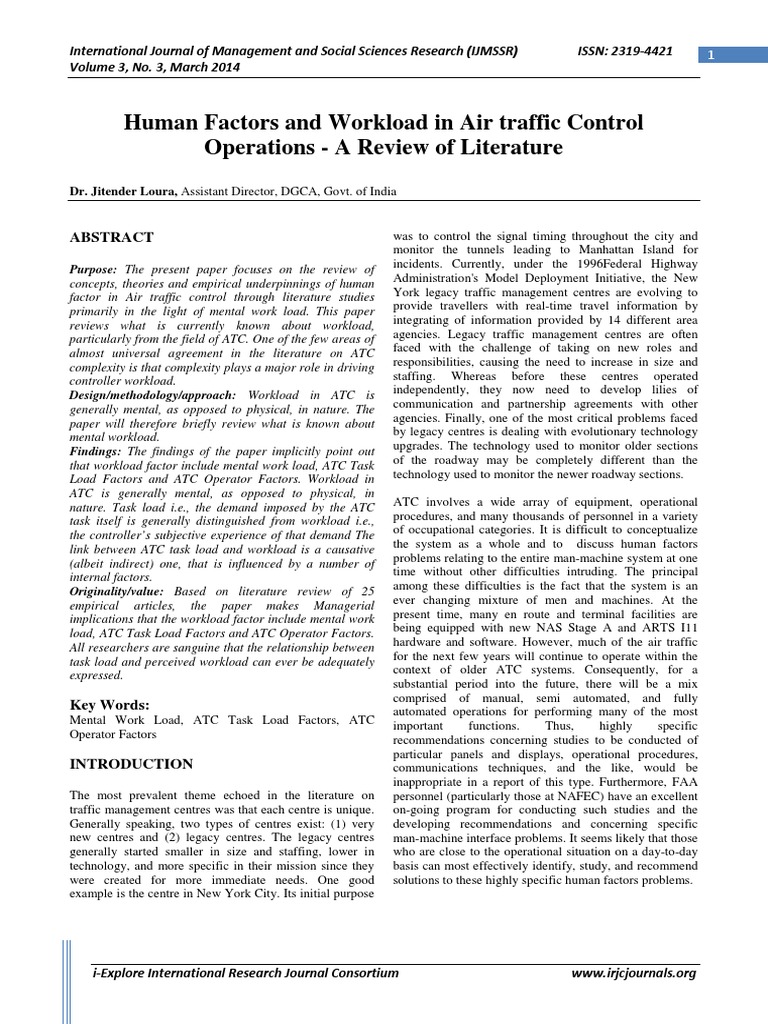 Human Factors and Workload in Air Traffic Control Operations - A Review ...