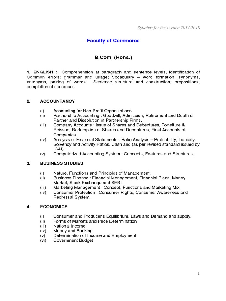 B.Com. (Hons.) Syllabus Overview 2017-2018 | PDF | Accounting | Business