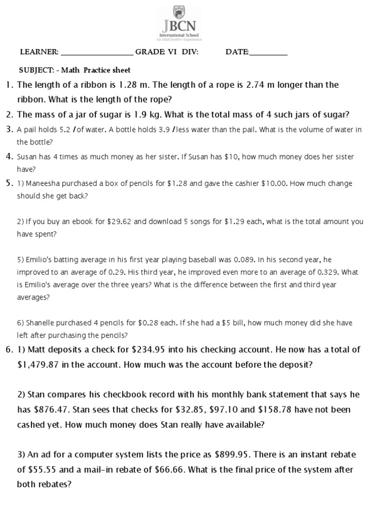 Grade 6 Math Practice Sheet | PDF | Rebate (Marketing) | Banking