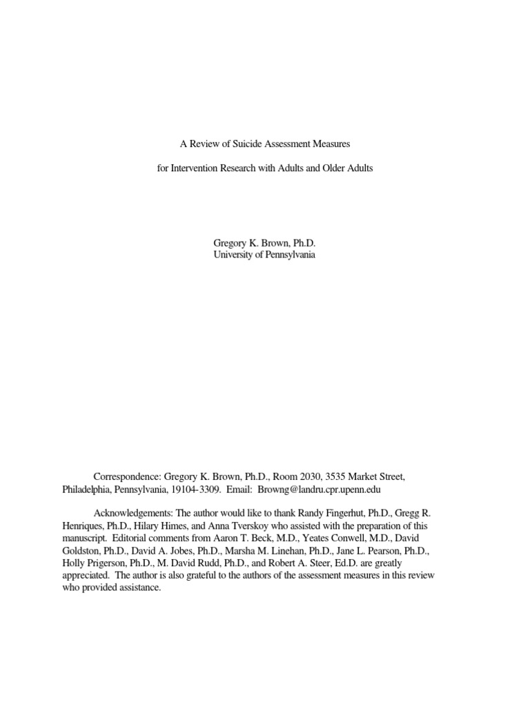 A Review of Suicide Assessment Measures PDF | PDF | Suicide | Psychometrics