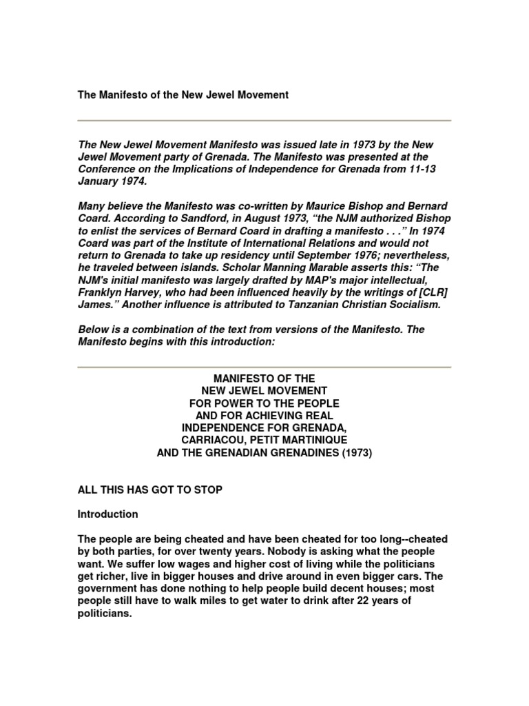 Manifesto of the New Jewel Movement Agriculture Grenada