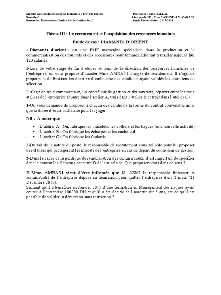 étude De Cas Grh Avec Corrigé Pdf Gratuit Etudes Cas Avec Corrigé THEME 3 | PDF | Gestion des ressources humaines |  Recrutement