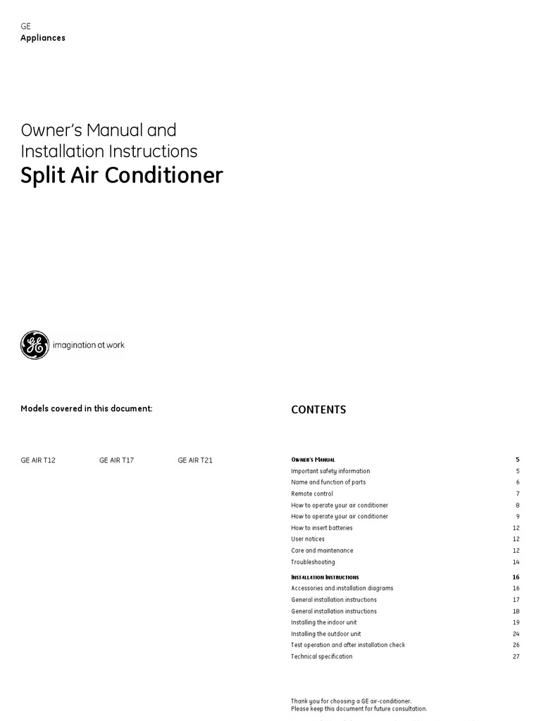 GE Split Air Conditioner Manual | PDF | Air Conditioning | Hvac