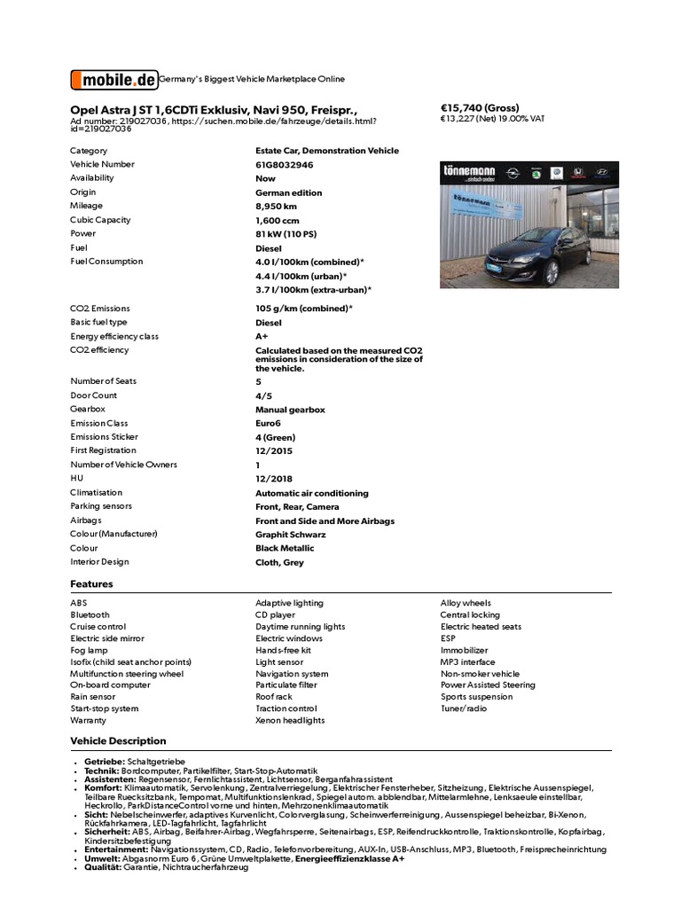15 750 Opel Astra J St 1 6cdti Exklusiv Navi 950 Freispr Vehicle Industry Land Vehicles