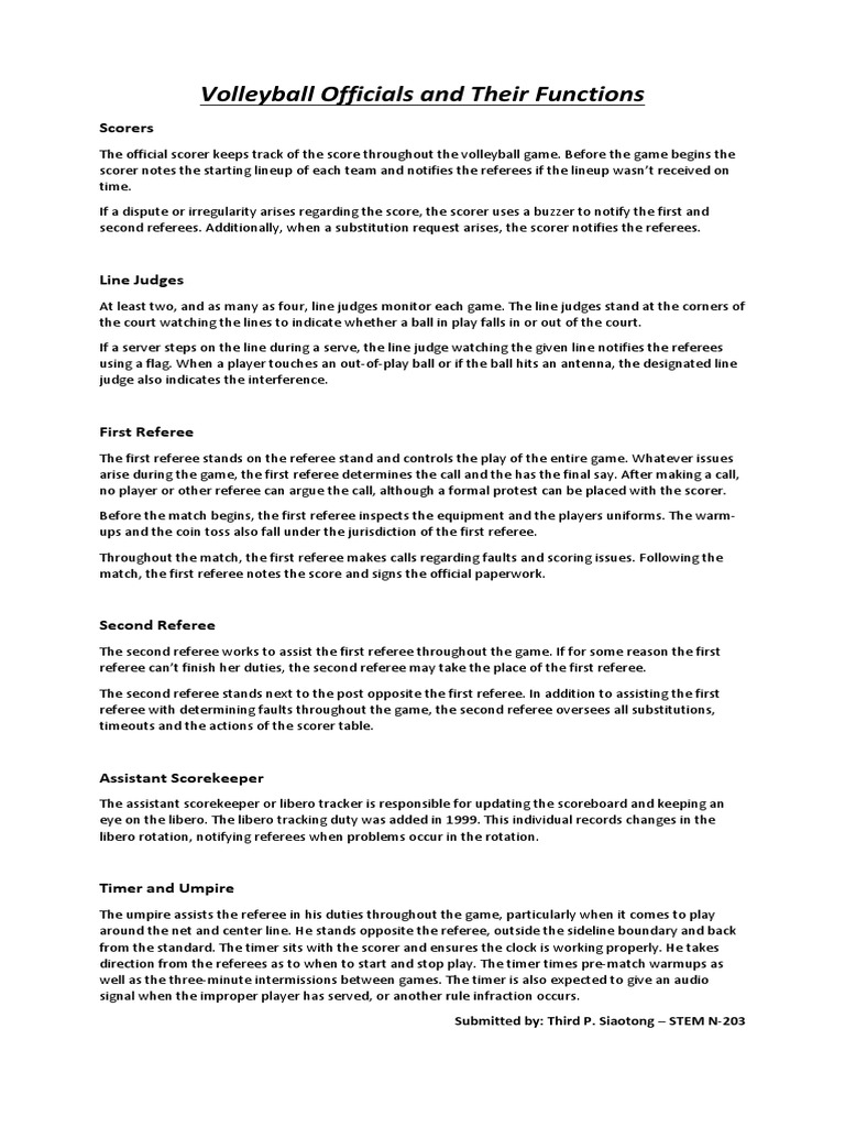 Volleyball Officials and Their Functions PDF Referee Volleyball