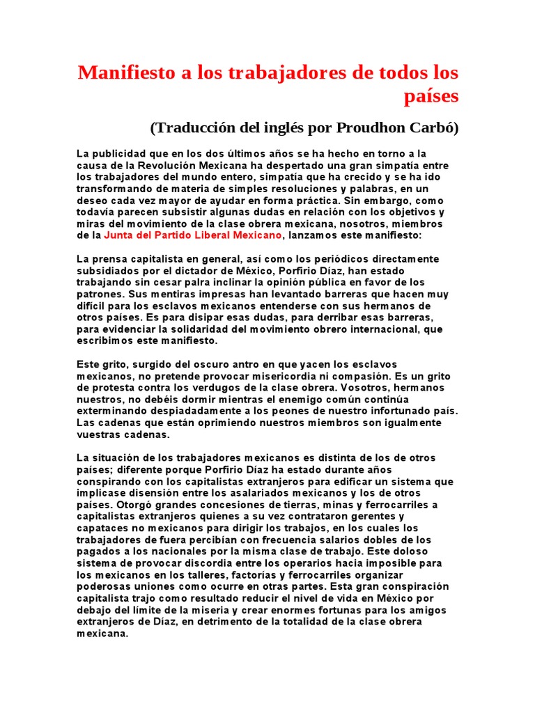 Guerrero, Práxedis G. Manifiesto A Los Trabajadores de Todos Los