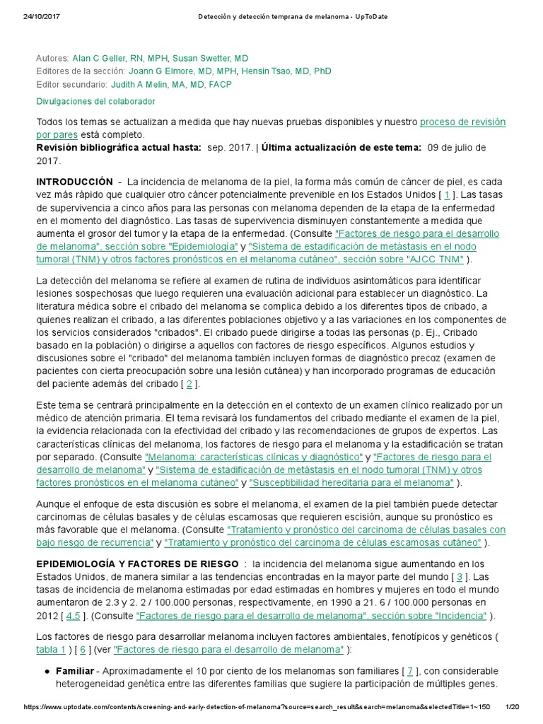 Detección y Detección Temprana de Melanoma UpToDate PDF Melanoma