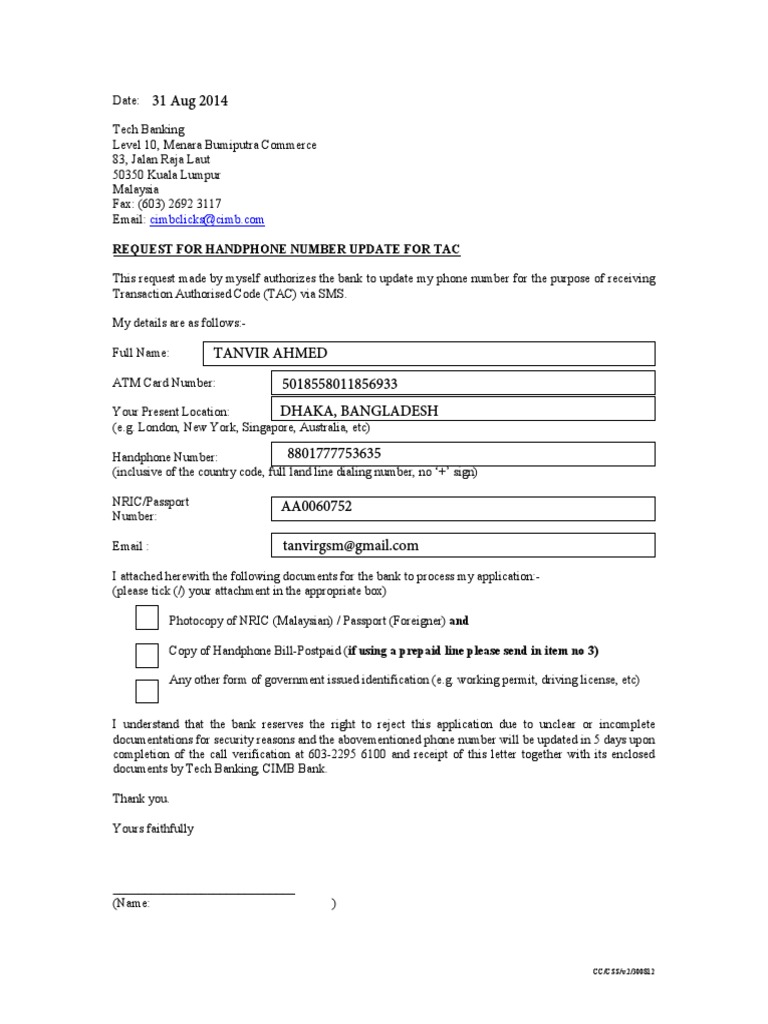 Bank Cimb Overseas Tac Request Letter