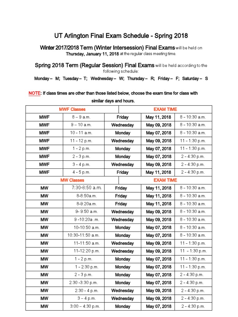 UT Arlington Spring 2018 Final Exam Schedule Detailed Listing of Exam