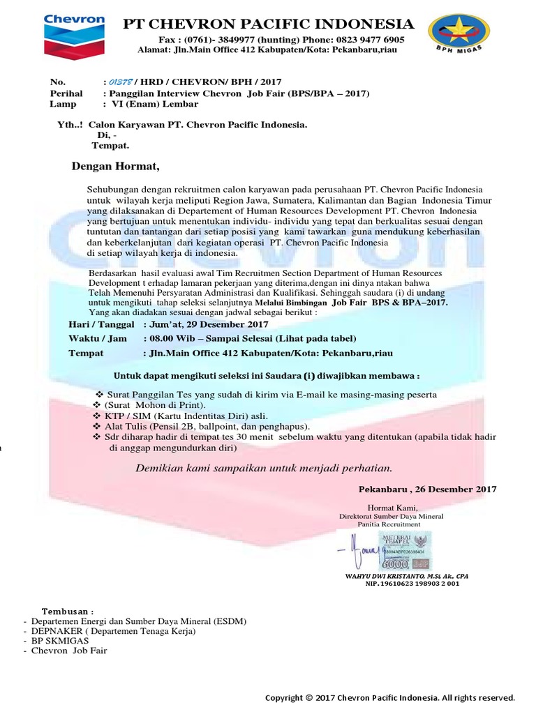 Undangan Interview PT Chevron Riau. | PDF
