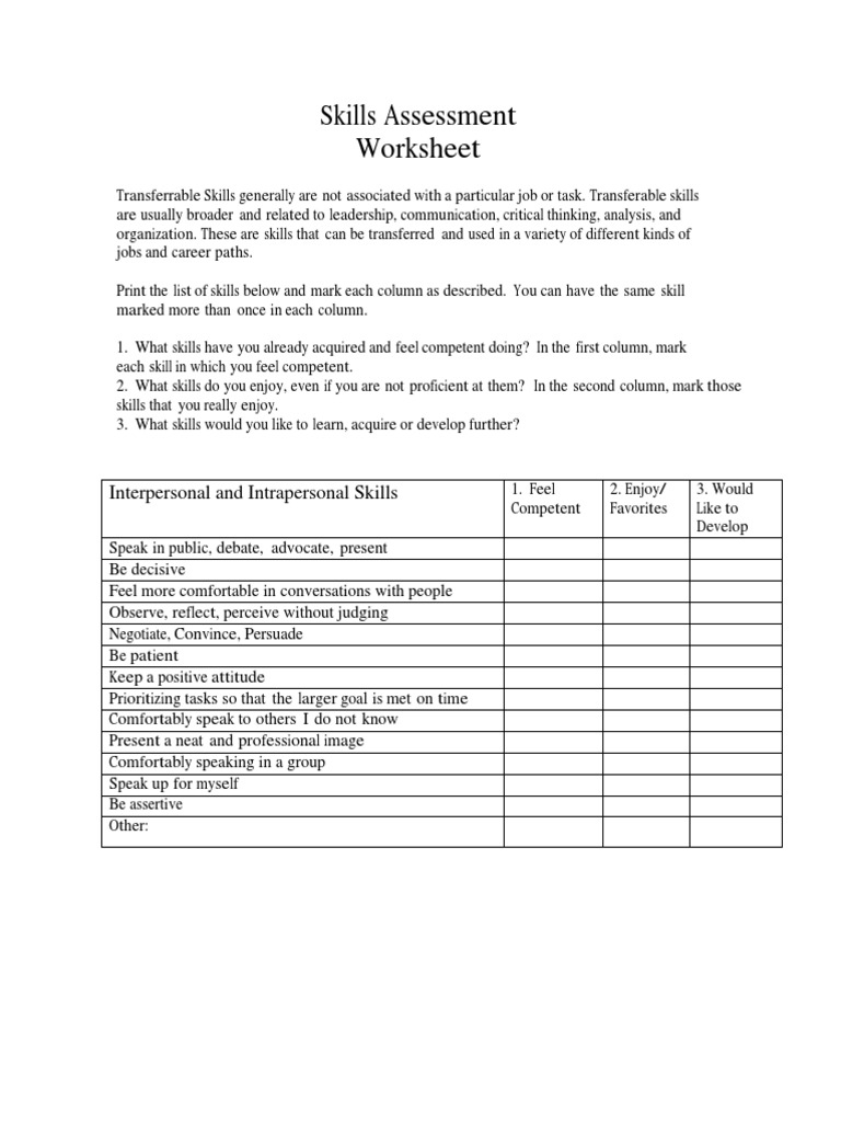 Skills Inventory Worksheet Within Job Skills Assessment Worksheet