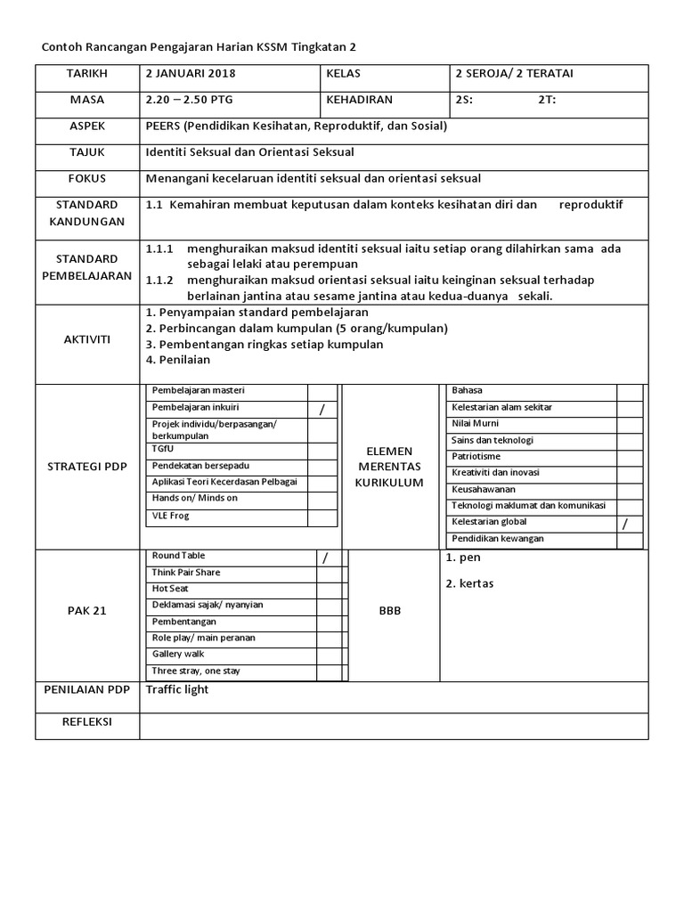 Contoh Rancangan Pengajaran Harian Kssm Tingkatan 2 Erph Pdf