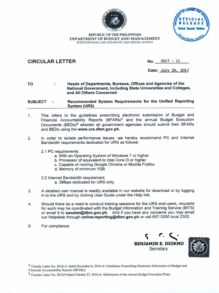 Circular Letter No. 2017 - 11 Urs for Bfars | Software | Computing