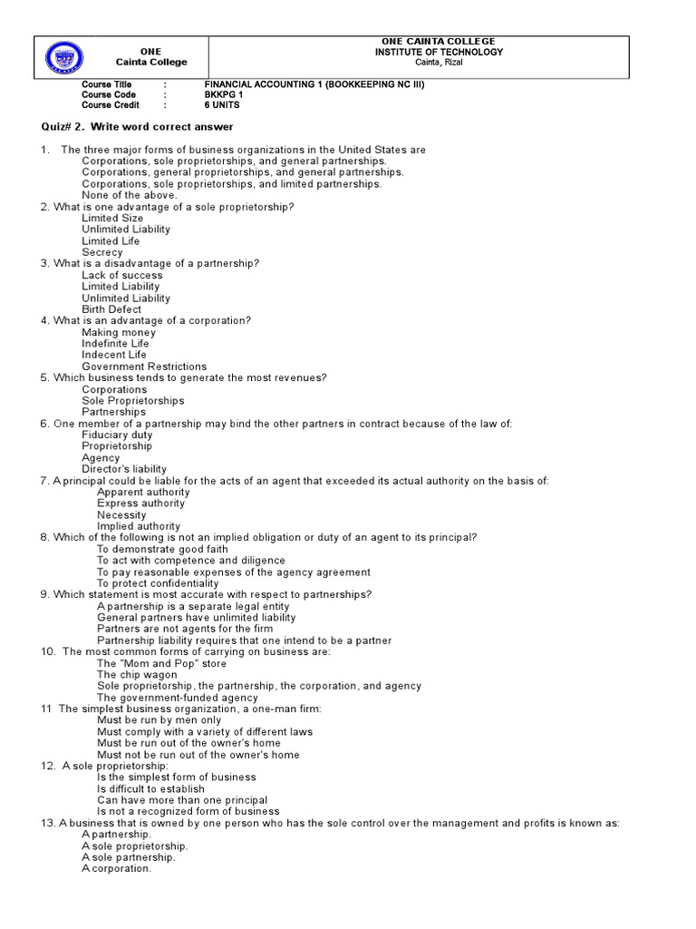 Business Organization Quiz_1 Partnership Law Of Agency