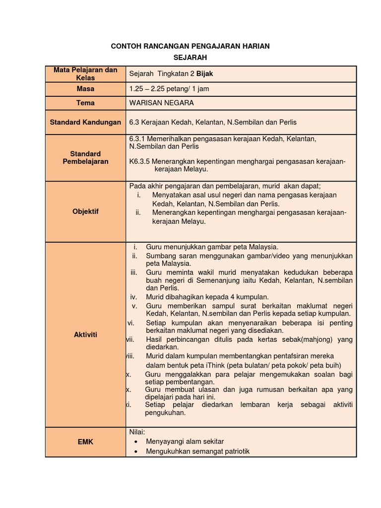 Contoh Rancangan Pengajaran Harian Sejarah Form2 6 3 1 Pdf