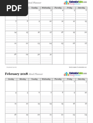 2018 Monthly Menu Planner