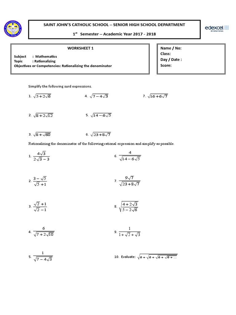 Rationalizing Denominators Worksheet | PDF