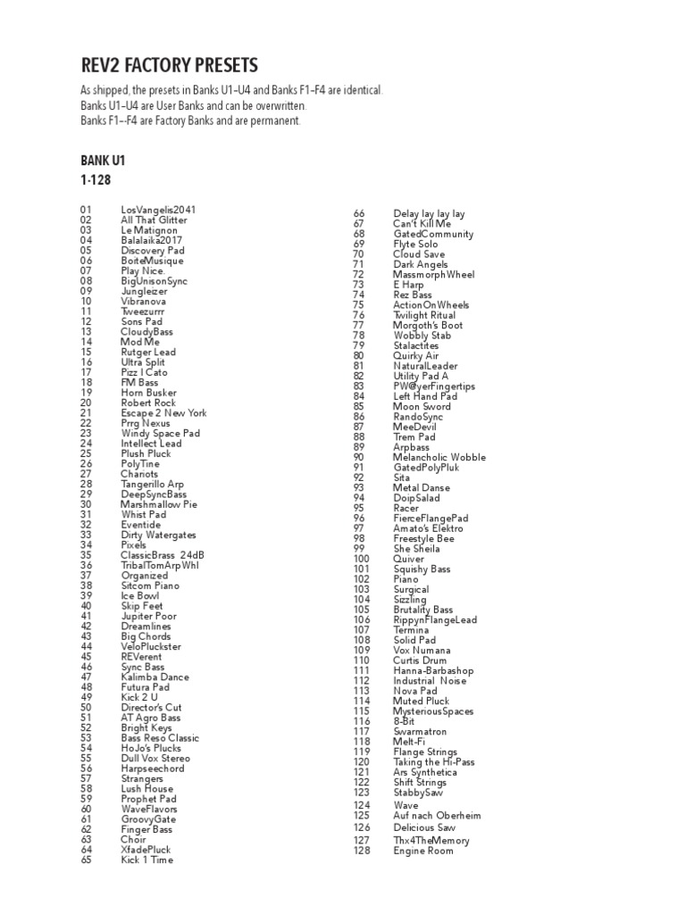 Prophet Rev2 Factory Presets List PDF